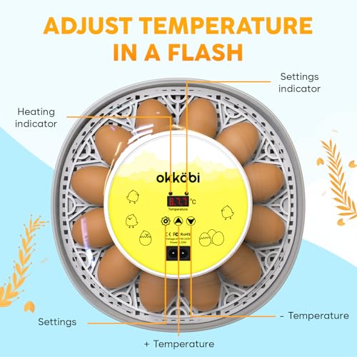 Okkobi M12 Egg Incubator with Automatic Turner and Humidity Control - 12/24 Eggs, 360° View, Easy to Use and Clean - Incubadora de Huevos de Gallina - Incubators for Hatching - White & Yellow - color: Yellow