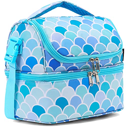 FlowFly Double Decker Cooler Insulated Lunch Bag Large Tote for Boys, Girls, Men, Women, With Adjustable Strap (Mermaid) - color: Mermaid