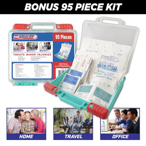 Rapid Care First Aid Kit – 300+ Piece Emergency Medical Kit with Bonus 95-Piece Travel Pack – Outdoor, Workplace, and Home Use – Color Coded & Labeled for Quick Access