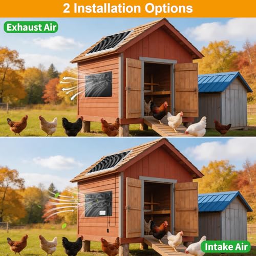 25W Metal Frame Solar Powered Fan with Battery | IP65 Waterproof Solar Exhaust/Intake Fan for Chicken Coop, Greenhouse, Dog House and Shed, Low Noise