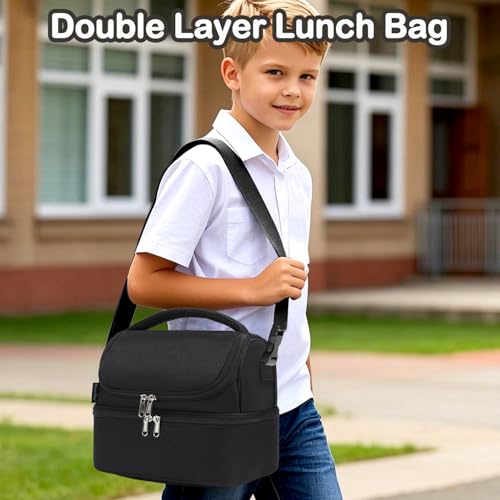FlowFly Double Decker Cooler Insulated Lunch Bag Large Tote for Boys, Girls, Men, Women, With Adjustable Strap,Black - color: Black