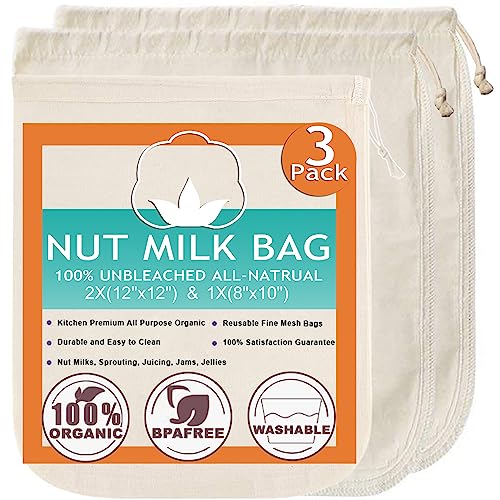 Nut Milk Bag Cloth Strainer for Food, 3 Pack 12" (2 of 12"X12" + 1 of 10") Organic Reusable Kitchen Premium Fine Mesh Cheesecloth, Sprouting, Juicing