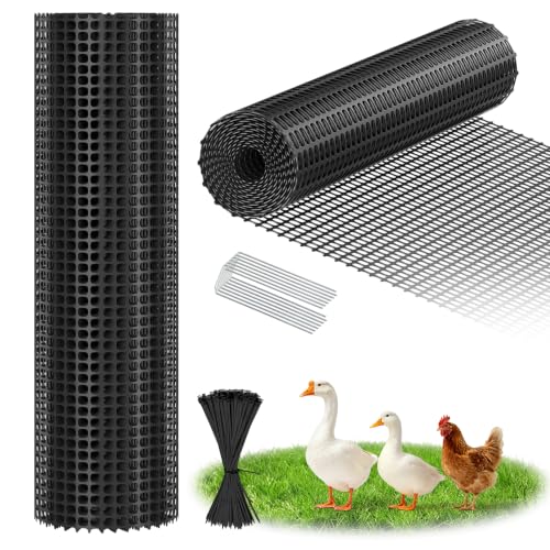 DoCred 3.28' x 82' Plastic Garden Fence Roll with Thicke Stakes, Black | Reusable HDPE Temporary Fence with 15Pcs 3.77FT Posts, Portable Chicken Dog Fence Barrier, Construction Snow Protection - color: Black, size: 39.4in x 82ft-Square Grid