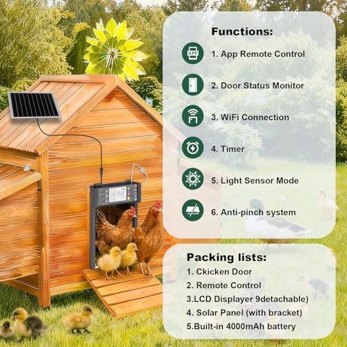 Automatic Chicken Coop Door,Solar Powered WiFi Chicken Door Opener with App | TUYA App Control, Timer and Light Sensor, Door Status Detection, Anti-Pinch Protection, LCD Display, 5 Modes for Coops