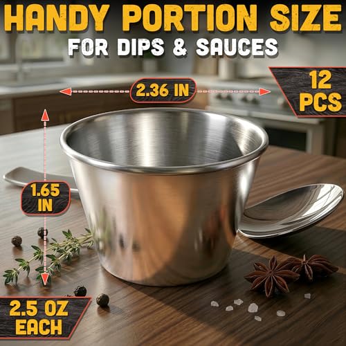 12 Pcs Dipping Sauce Cups, 2.5 Oz Stainless Steel Ramekins | Metal Condiment Cups; Stackable; 2.3 In Diameter; for Sushi, Wings, Charcuterie & Dips; Reusable for Portion Control