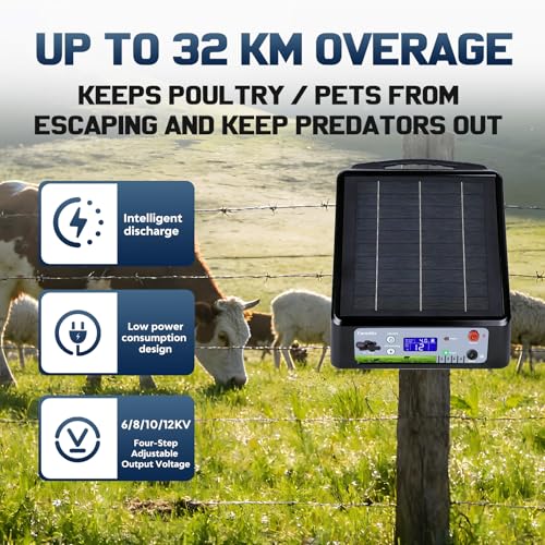 20 Miles Solar Electric Fence Charger, Adjustable Output Voltage: 6/8/10/12kV, 2J Solar Powered Electric Fence Charger Supports Battery/Solar/AC Power,Ideal for Livestock/Garden/Yard/Farm Protection