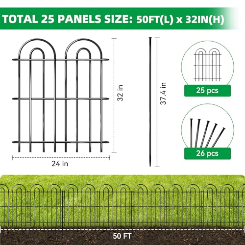 25 Panels Decorative Garden Fence, 32 in(H) X 50 ft(L) No Dig Dog Fence Outdoor for Yard, Rustproof Tall Metal Garden Fencing Animal Barrier with Ground Stakes, Temporary Fencing for Patio Outdoor - color: Black, size: 25 Panels, 32in(H) x 50ft(L)