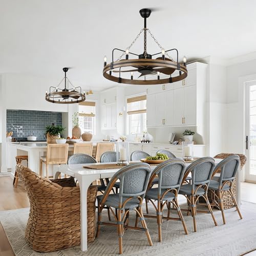 36" Wagon Wheel Chandelier with Fan 8-Lights Farmhouse Chandelier | Rustic Chandelier Ceiling Fan with Lights and Remote, for Dining Room Bedroom Living Room, Reversible Quiet DC Motor 6 Speeds - color: 36" Wagon Wheel