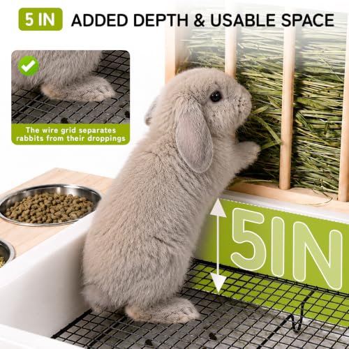 3-in-1 Rabbit Hay Feeder with Litter Box, Bowl Tray for Medium Bunnies | Wire Grate Separates Waste, Includes Mini Brush, Wooden Bunny Toilet for Dutch Rabbits, Polish, Medium Breeds,Easy Clean - size: Large