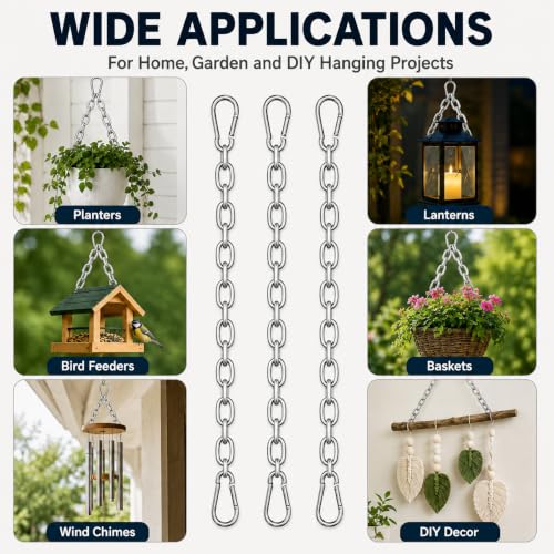 3 Pack 304 Stainless Steel Chains with 6 M4 Carabiners, 2mm x 3m (9.84ft) | Metal Chain Link Set, Small Chain for Hanging Bird Feeders, Planters, Camping, DIY, Anchor Chain, Silver - size: 3m-3pcs-2mm