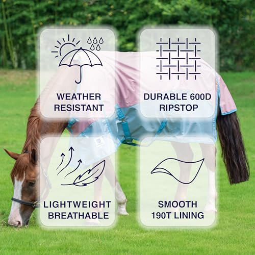 Horse Turnout Rain Sheet | 600 Denier Ripstop Turnout Blanket No Fill (0g) | Waterproof Lightweight Breathable | Tear-Resistant Outer & Rub-Free Silky Inner | Pink/Blue - 82 in - color: Pastel Pink/Blue, size: 82