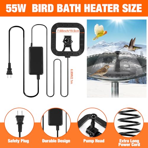 Relaxweex 55w Bird Bath Heater with Fountain for Outdoors in Winter Submersible Bird Bath Deicer Pond Deicer with Thermostatically Control Tape Cord Cover for Chicken Livestock Garden Anti Freezing