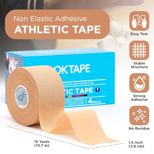 OK TAPE 4 Rolls Athletic Tape, Sports Tape for Injuries, Rigid, Easy Tear | Medical Tape, Wrist Tape, No Sticky Residue, Secure Ankle, Finger, Knee- 1.5inch x 15yards (Beige) - color: Beige-4 Rolls, size: 15 yards
