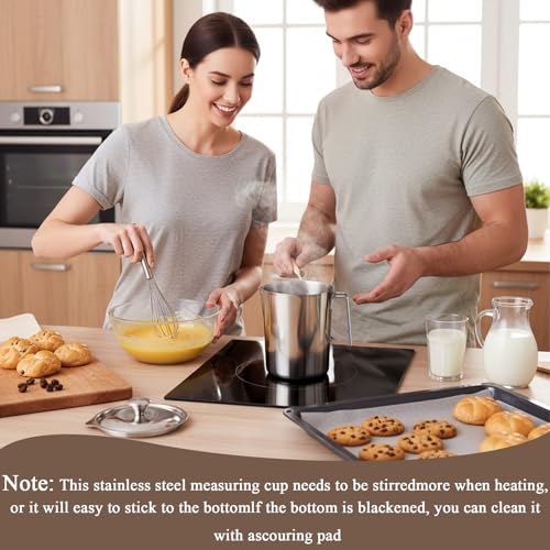 304 Stainless Steel Pitcher with Lid, 70 oz / 2L Measuring Cup | Large Mouth Graduated Beakers with Marking and Handle, Metal Milk Frothing Jug for Espresso Machine, Hot & Cold Water