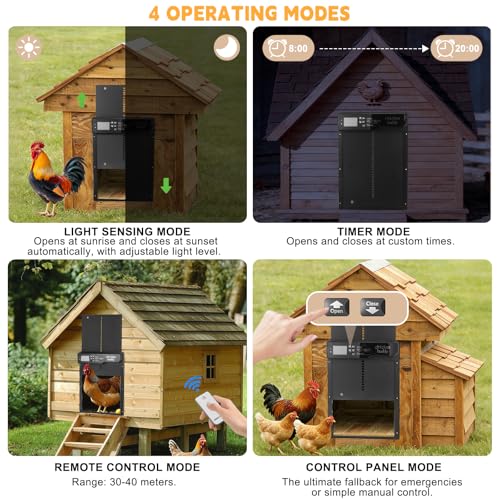 Solar-Powered Automatic Chicken Coop Door with LCD Display, Timer & Light Sensor, 4 Operation Modes, Aluminum Alloy Construction, 20M Remote Control – Secure and Convenient Poultry Door