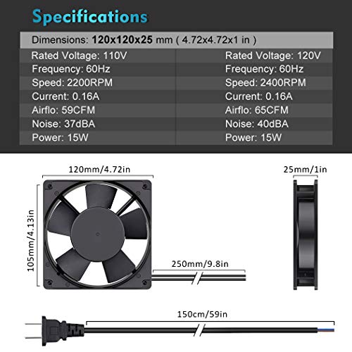 Wathai 120mm AC AXIAL Exhaust Fan 110V 120V Dual Ball for DIY Cooling | Dual Ball Heavy-Duty Fan for DIY Cooling Ventilation Exhaust Projects 120mm x 25mm - style: 120x120x25mm