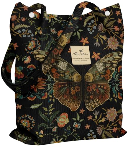 Miss Adola Corduroy Tote Bag for Women with Aesthetic Design | Magnetic Buckle & Pocket, Reusable, Soft, Roomy, Long Shoulder Handles, Double-sided Print, Casual Daily Work, Grocery Bags - color: Floral Butterfly, size: Large
