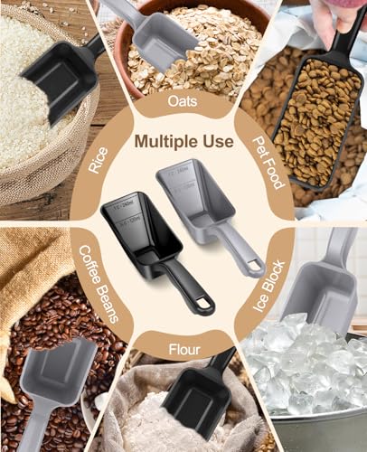 2-Pack Dog Food Scoop 1 Cup, Plastic Pet Food Measuring Scoop With Measuring Lines (1/2 & 1 Cup Markings) for Dogs, Cats, Fish, Bird（Black and Grey) - color: Black and Grey
