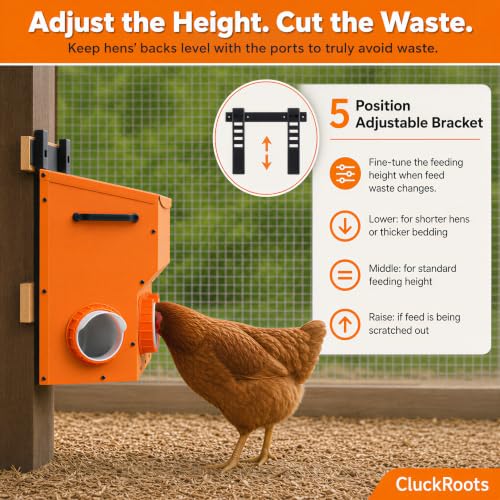 No Waste Chicken Feeder 16-18 Lb Capacity Metal Hanging Feeder Sturdy | Space-Saving Chicken Run Automatic Feeder No Spill - Adjustable Height Bracket 4 Ports, Chicken Coop Accessories Supplies