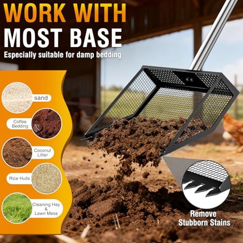 Large Chicken Poop Scooper: 2-in-1 Metal Pooper Scooper & Rake Adjustable 62" Long Handle Stainless Steel Sand Sifting Litter Shovel Chicken Coop Scoop Cleaning for Bedding Goats Farm Yard Black - color: Black