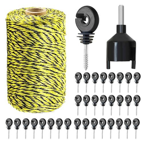 330 Feet Electric Fence Polywire & 30 Pcs Electric Fence Insulator, 1/8" Diameter Portable Electric Fencing Poly Wire Rope Line 6 Steel Strands for Reliable Conductivity & Rust Resistance - size: 330 Ft + 30 Pcs Insulators