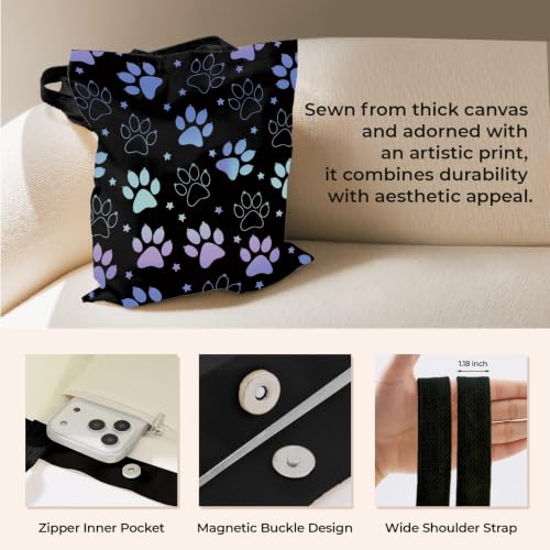 Cute Canvas Tote Bag for Women, Book Totebag with Zipper Pocket - color: Dog Paw