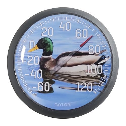 Taylor Duck Large Indoor Outdoor Dial Thermometer, Wireless Easy Read Big Numbers for Patio Pool Garden Garage Indoor Use, Weather Resistant 13.25 Inch Home Decor Outdoor Temperature Gauge, Blue - style: Duck