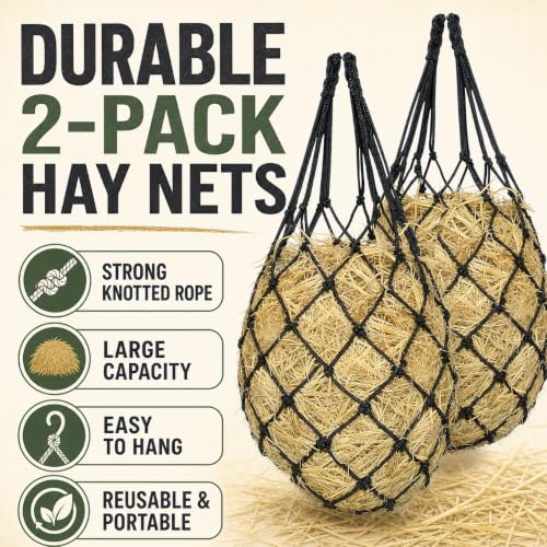 2PCS Slow Feed Hay Nets for Horses | Hanging hay feeders for stalls, trailers and travel; slow-feed design - color: Grey