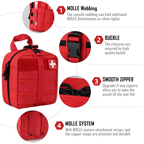 LIVANS 1000D First Aid Bag Empty, Medical Ifak Pouch for Emergency & EMT | Molle Compatible, Rip-Away & Quick-Release Design, Versatile for Tactical, Camping, Hiking and Travel - color: Red(7.1"l X 3.5"w X 8"h)