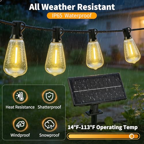 Solar Lights Outdoor 33FT, Dimmable Remote Control Patio Lights | Waterproof Solar Light with 11 ST38 Shatterproof Bulbs, Solar Powered & USB Charging, 3 Light Modes, Camping Backyard Garden - size: 10M-33FT