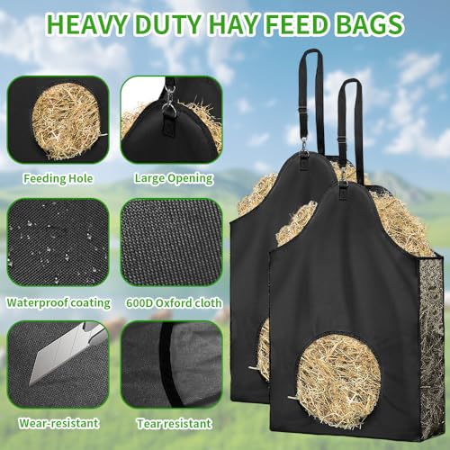 Hay Bags for Horses – 600D Oxford Hay Bag with Adjustable Strap & Metal Ring, Hanging Hay Feeder for Goats, Sheep, Donkeys, and Cows, Black (2-Pack)
