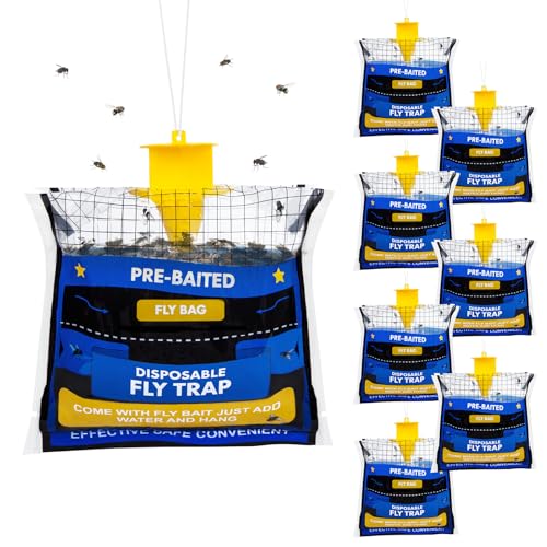 8 Pack Pre-Baited Fly Traps Outdoor Fly Bags for Patio Farm Ranch | 30g Dissolvable Bait Fly Hunter for Flying Insects, Weatherproof Outdoor Fly Bags, Fly Catcher for Chicken Coop Barn