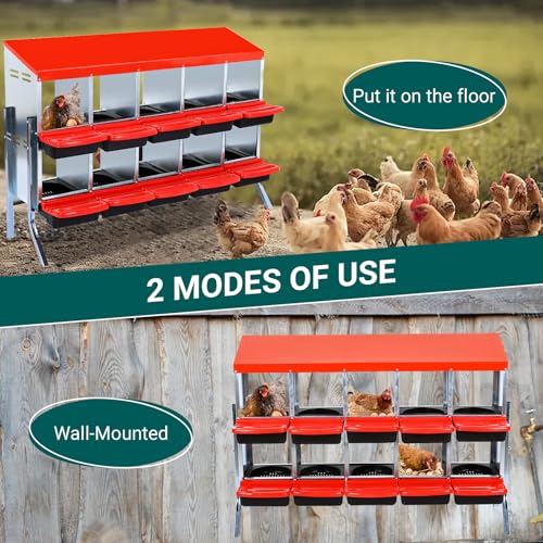 Chicken Nesting Box, 10-Hole Wall Mount Metal Chicken Nesting Box with Rollout Egg Collection & Easy-Clean Pull Out Tray, Roll Away Hen Roosting Boxes