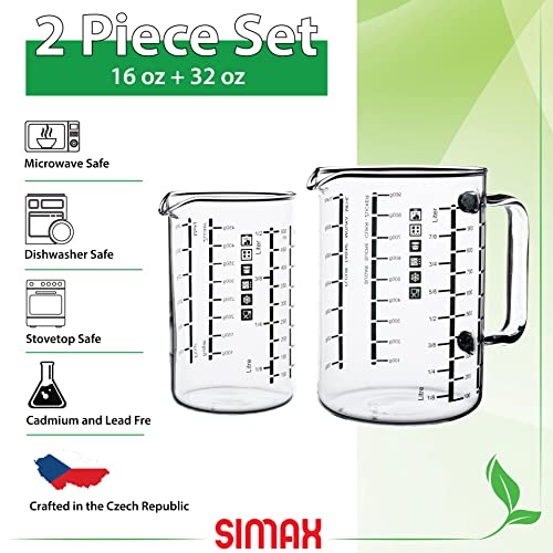 Simax Glass Measuring Cup, Durable Borosilicate Glass, Pack of 2 includes 32 oz and 16 oz Easy to Read Metric Measurements in Liter, Milliliter, Ounce, Sugar Grams, Drip Free Spout, Microwave Safe - size: 2-Pack: 32 Ounce and 16 Ounce