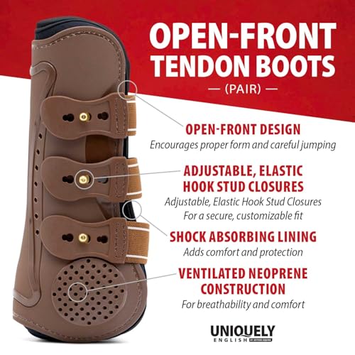 Jeffers Equine Uniquely English Tendon Boots - Open Front Horse Boots, Training Equipment, Protective Gear & Leg Protection for Jumping, Dressage, Training & Travel - color: Brown, size: Large