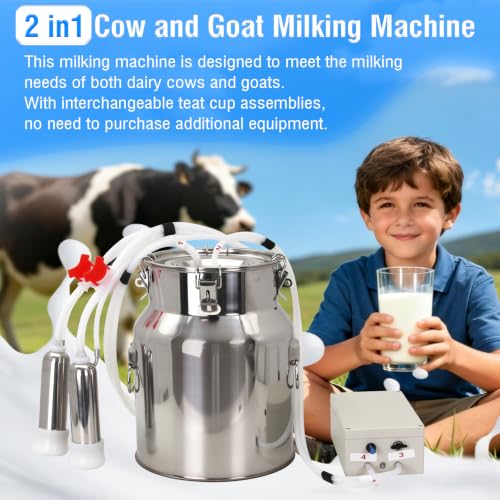 2-in-1 Goats and Cows Milking Machine Upgrade 3.7Gal/14L | Electric Adjustable Vacuum Pulsation Milker, 5200mAh Battery Built-in Rechargeable & Stainless Steel Bucket & 4 Cups (14L) - size: 14L