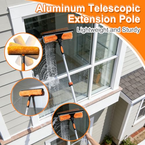 18FT Window Washing Kit, Squeegee with Telescopic Extension Pole | 3-12FT Telescoping Pole with Dual-Lock Stability And Rotatable 2-in-1 Squeegee Head for High-Window Cleaning - size: 3-12FT