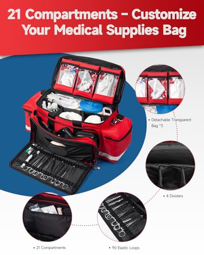 26" Large First Aid Bag Empty, Medical Supplies Bag for EMS & Nurses | Medical Duffle Bag & Trauma Bag Empty, Water Resistant, 21 Slots, 4 Dividers, 3 Clear Pockets, 360 Reflective Padded Strap