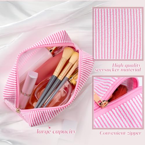 Sanwuta 20 Pcs Seersucker Cosmetic Bags Bulk, Striped Zippered,Pink | Makeup Bags Women Pouch, Large Preppy Storage Toiletry Travel Pouch for Wedding Bridesmaid Bride Favor Back to Teacher Gift - color: Pink