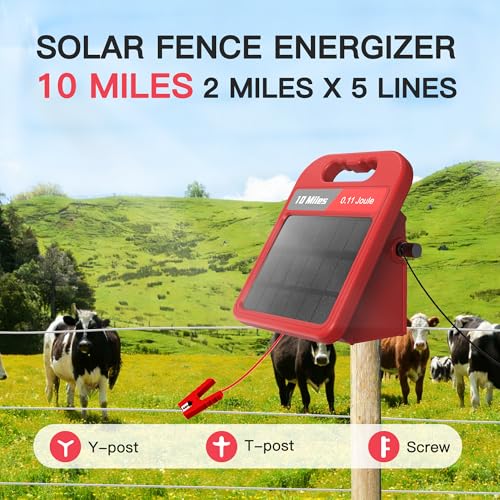 Solar Electric Fence Charger-0.11J-10 Miles, Maximum Output Voltage 8100V- Provide 24-Hour Uninterrupted Protection for Livestock and Yards with Rechargeable Solar Panel Red