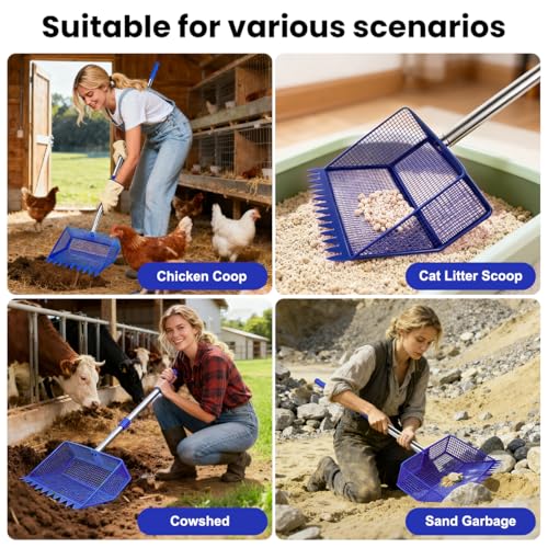 2026 Latest 12inch 2-in-1 Chicken Poop Scooper & Rake with Handle, Heavy-Duty Metal Chicken Coop Scoop for Sand Sifting Shovel Litter Scooper for Farm House Chicken Coop Cleaning Tools Accessories - color: Blue
