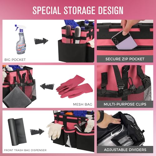 SCAVATA Wearable Cleaning Caddy, Cleaning Caddy Supplies Organizer with Handle & Shoulder Straps for Housekeepers, Under Sink & Car Cleaning Tool Organizers Bag with 4 Foldable Divider (OleanderRed) - color: OleanderRed