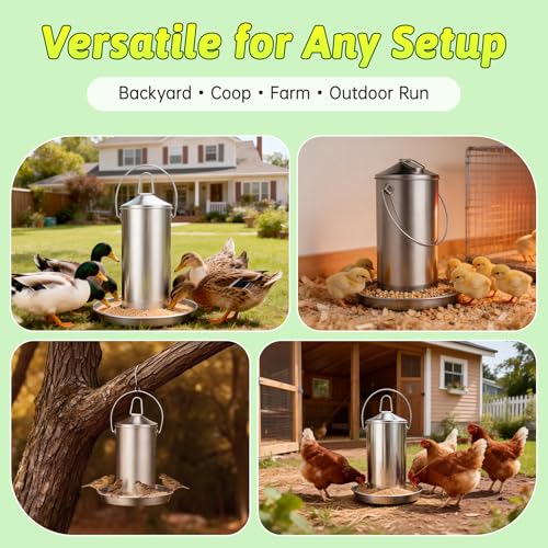 8.8 LB Stainless Steel Chicken Feeder, Gravity-Fed Poultry Feeder for Chickens & Ducks, Rust-Resistant Weatherproof Metal Feed Box with Handle, Large Capacity, Dry Feed Only