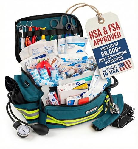 Scherber First Responder Fully-Stocked Professional Essentials EMT/EMS Trauma Kit | HSA/FSA Approved | Reflective Bag w/8 Zippered Pockets & Compartments & 200+ First Aid Supplies - Blue - color: Blue