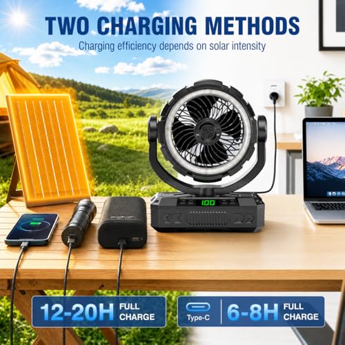 Rechargeable Solar Powered Camping Fan & Auto Oscillating, 【60H Runtime】Battery Powered Fan, Portable Outdoor Fan,5 Speeds,3 Lights,12H Timer for Travel, Fishing,Jobsite,Beach,Camping Essential - color: Black