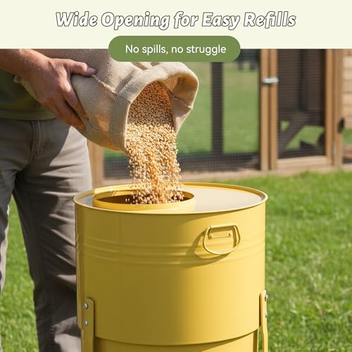 KOL Chicken Feeder No Waste for Coop & Outdoors, 16 Port 50lbs Poultry Feeder with Spill-Control Design, Rust-Proof Powder Coated Metal & Smooth Safe Edges (Yellow) - color: Yellow