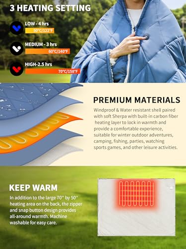 Wearable Heated Blanket,12V Cordless 15000 mAh,3 Heating Set | Cordless heating pad design,Battery Operated,Sherpa Lining,Heated Shawl Throw Blanket for Car,Camping,Backpacking,Hiking - color: Deep Blue