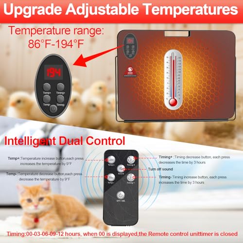 Chick Brooder Heater,200 Watts Radiant Heat Panel with Overheating Protection,Smart Brooder Chick Heater with Adjustable Temp (86~194℉) & 12H Timer,Remote Control,Safe Chicken Heater for Winter Pets