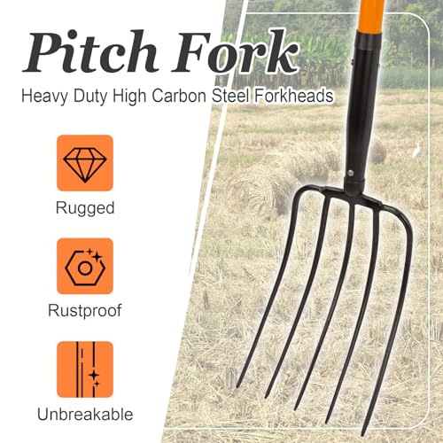 Nohovu 5 Tine Pitchfork for Gardening, Heavy Duty Pitchfork with Fiberglass Handle, Garden Fork for Mulching, 58 Inches