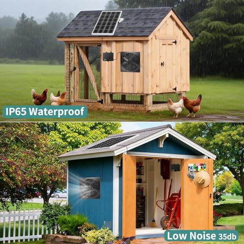 7.1“Solar Powered Fan for Chicken Coop with Pull String, Runs Day and Night | 12000mAh Battery , Timer 4/8H,USB-C & Solar Dual Power, Waterproof Exhaust Fan for Shed Greenhouse Doghouse